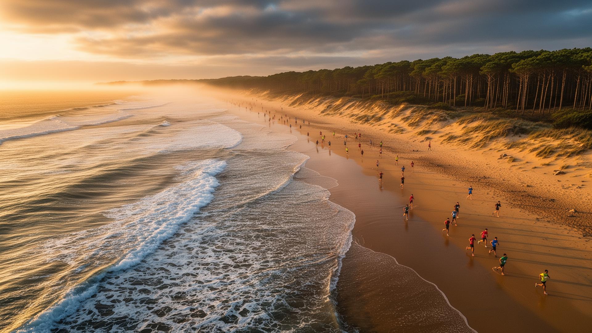 Coureurs au lever du soleil sur la côte landaise